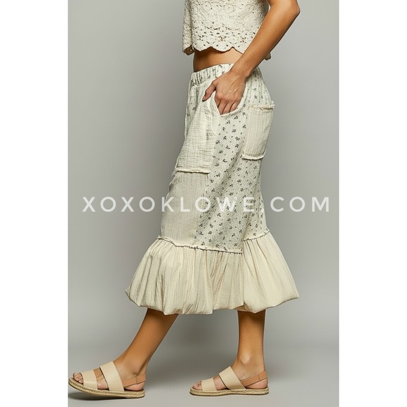 POL Natural Cream Convertible Joggers to Bloomers | Floral Patchwork Pants - Picture 7 of 10